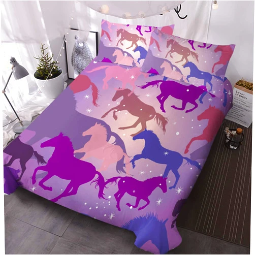 BlessLiving Girls Horse Bedding Sets Cute Horse Bed Sheets Full Size Set for Boys Adults Women Pink Purple Horse Comforter Cover Cet Sparkle Stars Bed Set with 2 Pillowcases (Full)