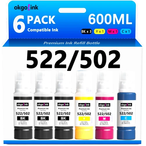 OKGO!INK okgo 522 T522 Ink High Capacity Refill Bottles (20.3 Fl Oz) Replacement for Epson 502 Ink Use for EcoTank ET-2720 ET-2800 ET-2803 ET-2840 ET-4700 ET-4800 ET-4810 (6 Pack, 600ml) Black Color Combo