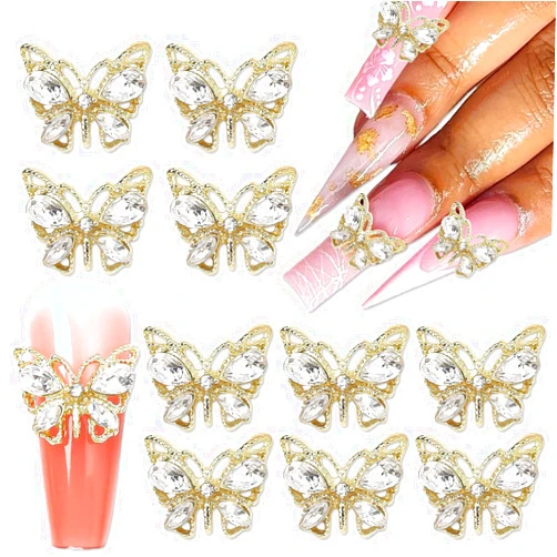 KTAABTR Butterfly Nail Charms 3D Butterfly Nail Art Charms 10 Pcs Gold Butterflies Nail Rhinestones with Diamond Butterfly Charms for Nails DIY Manicure Decoration