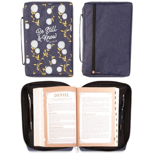 Christian Art Gifts Men/Women's Bible Cover Be Still & Know Psalm 46:10, Navy Canvas, Medium