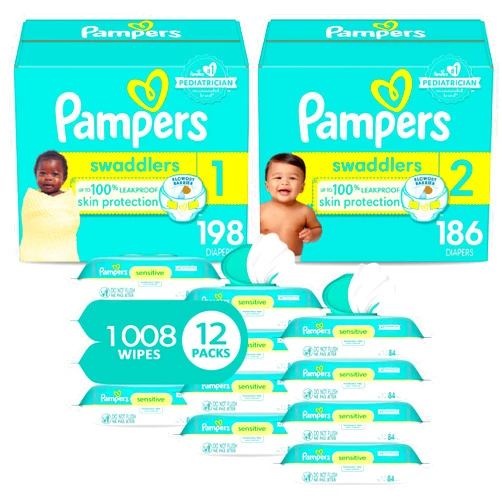 Pampers Baby Diapers and Wipes Starter Kit, Swaddlers Disposable Sizes 1 (198 Count) & 2 (186 Count) with Sensitive Water Based 12X Multi Pack Pop-Top Refill (1008 Count)