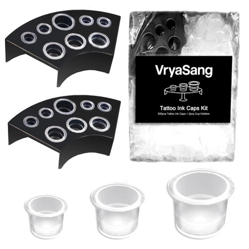 VryaSang 302pcs Tattoo Ink Caps Kit - 100 Small 100 Medium 100 Large Tattoo Ink Cups + 2 Black Cup Holders for Permanent Makeup Container Cap Tattoo Accessory Tattoo Supplies