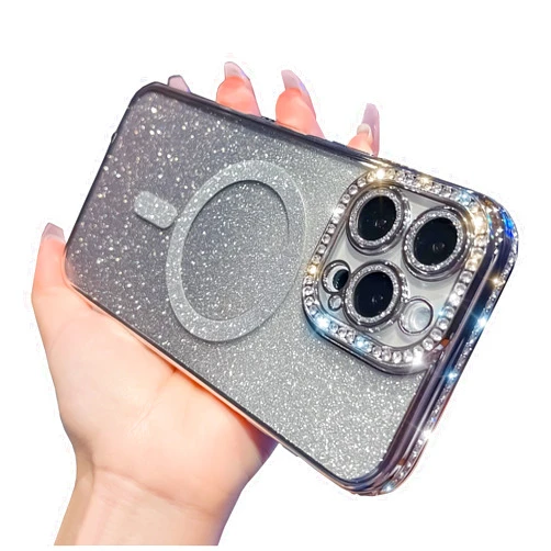 KERZZIL Girly Compatible with iPhone 15 Pro Max Magnetic Glitter Diamonds Case,Luxury Trendy Plating Sparkle Back Cover with Camera Protector,Compatible with MagSafe for Women - Silver