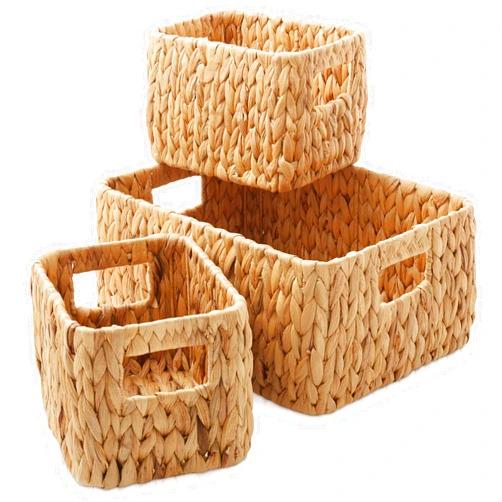 Casafield Set of 3 Water Hyacinth Storage Baskets for Shelves - 1-Large, 2-Small Woven Organizers with Handles for Bathroom, Laundry, Pantry, Office
