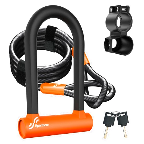 Sportneer Bike U Lock - Heavy Duty Anti Theft Bike Lock with 5ft Security Steel Cable - 17mm Shackle Bicycle U-Locks with Keys & Sturdy Mounting Bracket for Road, Mountain, Electric Bike - Orange