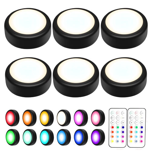 BLS LED Puck Lights with Remote Control, Wireless Under Cabinet & Closet Lighting, RGB 13 Color Changing Lights with Dimmer, Timer & AA Battery Operated, Push, Touch, Stick on for Night, Black, 6 Pack