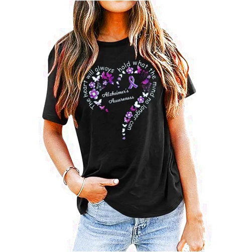UNIQUEONE Alzheimers Awareness Shirts Women Purple Ribbon Shirt Floral Graphic T Shirt Support Squad Short Sleeve Tee Tops