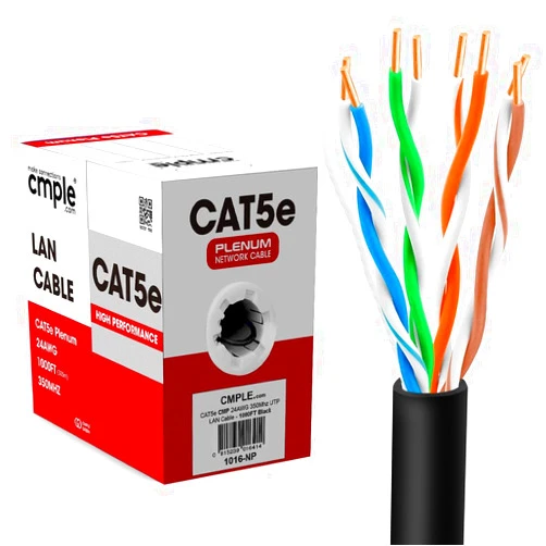 Cmple - Cat5e Ethernet Cable 1000ft Gigabit Network Cat 5e Bulk Unshielded Twisted Pair (UTP), Solid 24AWG CMR 350 MHz Black