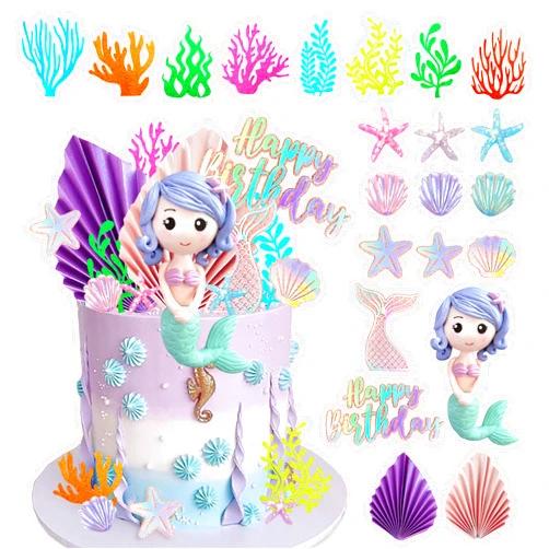 DRWATE 20 PCS Mermaid Cake Toppers with 3D Mermaid Seaweed Folding Fans Shell Starfish Cake Decoration for Kids Girls Birthday Party Baby Shower Supplies (STYLE1)