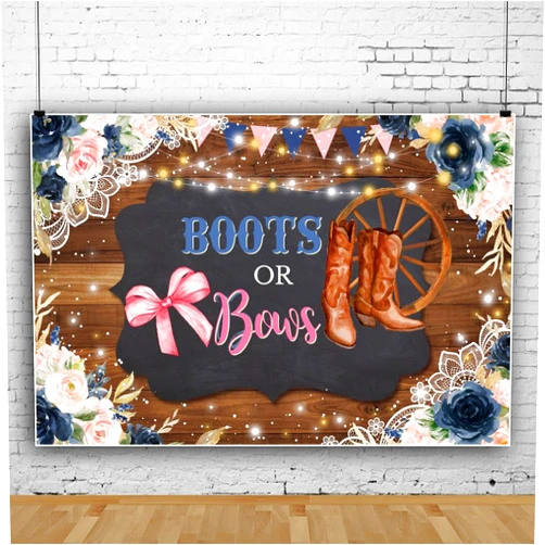 Laeacco 7x5ft Boots or Bows Gender Reveal Backdrop He or She Navy and Blush Floral Rustic Wood Photography Background Newborn Baby Shower Birthday Party Cake Table Decor Banner Photo Booth Props