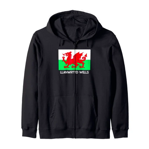 Cymru Village Town City Merch Llanwrtyd Wells Wales Welsh Flag Baner y Ddraig Goch Zip Hoodie