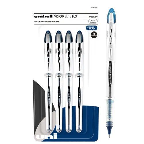 Uni-Ball Uniball Vision Elite BLX Rollerball Pens, Blue/Black Pens Pack of 4, Bold Pens with 0.8mm Ink