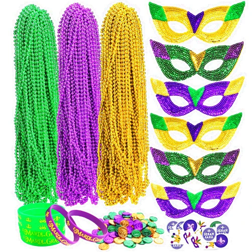 Elefama 192 PCS Mardi Gras Party Favors Set for Women Men Mardi Gras Accessories Bulk with Mardia Gras Beads Necklaces Masks Coins Tattoos Bands Mardi Gras Decorations for Party Supplies