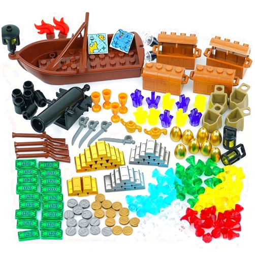 MALEKO Money Pirate Ship Treasure Accessories, Bank Dollars Cannon Crystals Gems Coins Gold Bar Silver Map Cash Chest, City Friends People Weapons Bricks Parts and Pieces Building Blocks Toys