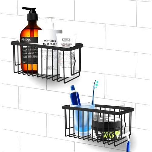 SunnyPoint Aluminum NeverRust Shower Caddy Basket Organizer Storage Shelf Rack; Adhesive Installation Pad Included (Set of 2, Black)