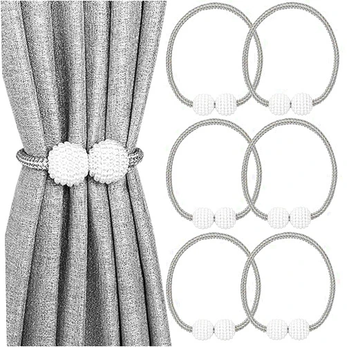 Melaluxe 6 Pack Magnetic Curtain Tiebacks, Decorative Curtain Holdbacks for Window Décor (Grey)