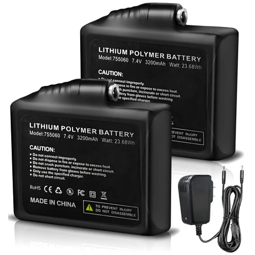 MOSOKI 2Pack Li-Polymer Rechargeable Battery 7.4V 3200mAh for Heated Gloves Replacement Large Capacity Battery Fast Heating