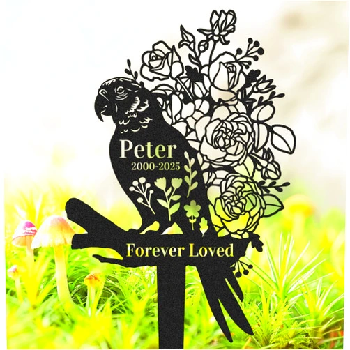 Ceeheyy Custom Pet Parrot Bird Memorial Stake Grave Marker Personalized Metal Rose Flowers Bird Memorial Plaque Cemetery Decoration for Outdoors Graves Garden, Customized Parrot Burial Marker
