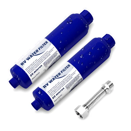 PAULINN RV Water Filter with Flexible Hose Protector, 2 Packs Camper Inline Marine Garden Camping Water Hose KDF Filter Accessories for Boat Trailer Motorhome Drinking Gardening Planting Car Washing
