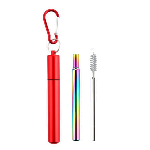 Foweroty 1 Pack Collapsible Stainless Steel Drinking Straws, Metal Reusable Straws, Travel Retractable Straws with 1 Aluminum Case, 1 Cleaning Brush, and 1 Keychains, Cruise Ship Essentials(Red)