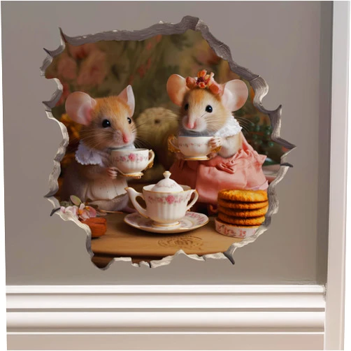My Wonderful Walls Tea Time Mice Mouse Hole Wall Decal with 3D Effect – Whimsical Removable Vinyl Sticker for Kids' Rooms & Home Decor