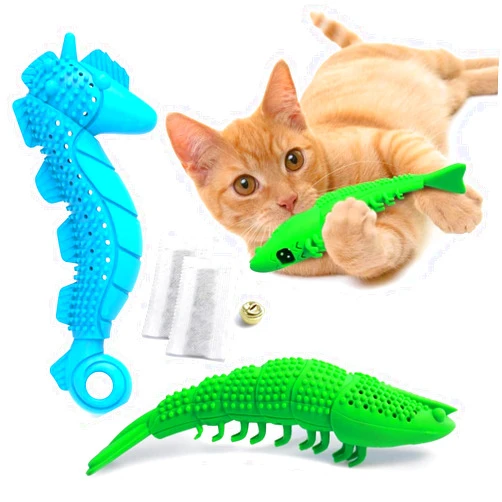Ronton Seahorse and Shrimp Cat Shaped Catnip Toy - Durable Hard Rubber - Cat Dental Care, Cat Interactive Toothbrush Chew Toy