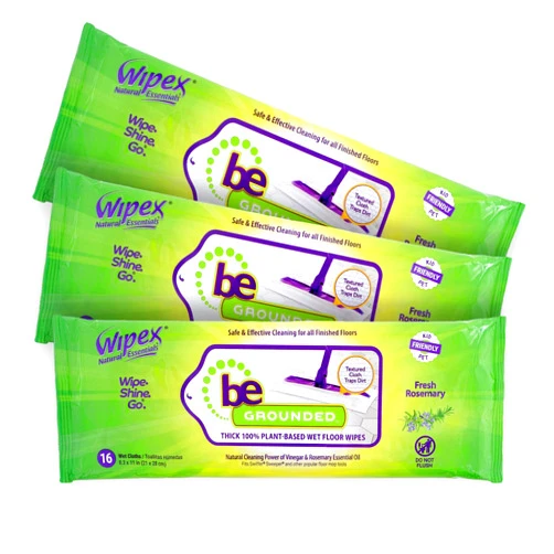 Wipex Wet Floor Wipes - Natural Wet Mop Pads Fit Swiffer Sweeper Mop - Rosemary Essential Oil & Vinegar & Plant-Based Textured Cloth Trap Absorb Dirt, Floor Cleaner Pads, 16 Count (Pack of 3)