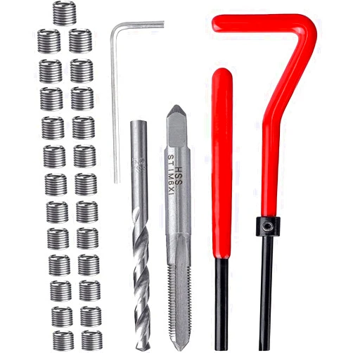 fixinus 30 Piece M6 x 1.0mm Thread Repair Insert Kit, Stainless Steel Thread Repair Kit Helicoil Coil Compatible Hand Tool Set for Auto Repair
