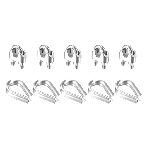 uxcell Wire Rope Cable Clip Kit for M8, Included Rope Clamp 5Pcs and Thimble Rigging 5Pcs, 304 Stainless Steel U Bolt Saddle Fastener