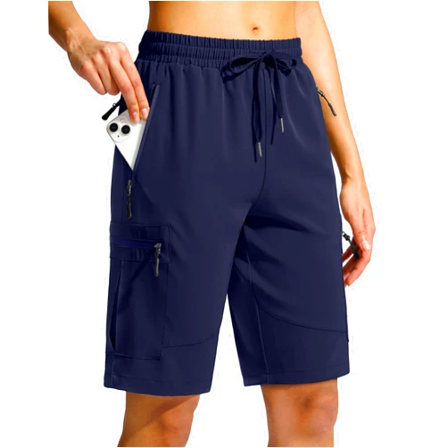 SANTINY Women's 10'' Lightweight Hiking Cargo Shorts with 5 Zipper Pockets Quick Dry Summer Long Travel Golf Shorts for Women