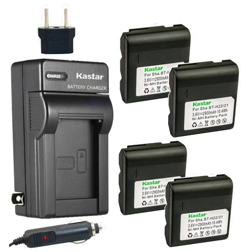 Kastar 4-Pack Battery and AC Charger with Car Adapter Compatible with Sharp VL-E680U, VL-E685U, VL-E700, VL-E700U, VL-E720, VL-E720H, VL-E720U, VL-E750U, VL-E760, VL-E760H, VL-E760U, VL-E765U