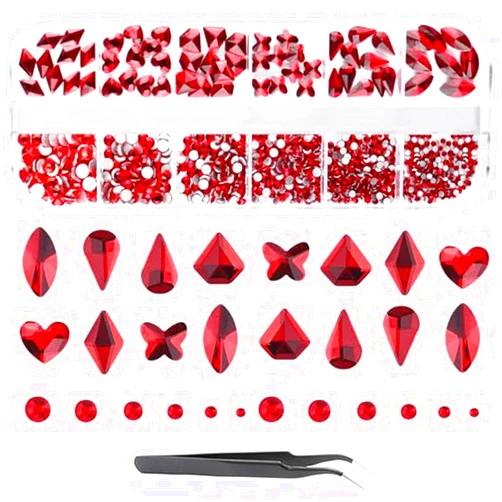 EBANKU Halloween Nail Rhinestone EBANKU Red Nail Rhinestones Hearts Butterfly Round Shaped Nail Art Crystals Diamonds Flat Back Rhinestones 3D Diamond Stone Nail Gems with Tweezer for Halloween Christmas Day