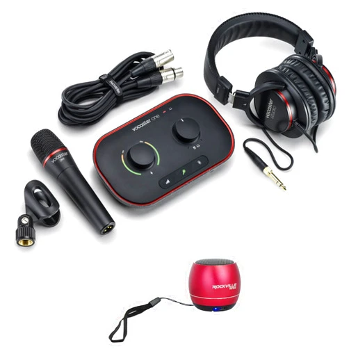 Audiosavings Bundle: (1) Focusrite Vocaster One Studio USB-C Podcasting Audio Interface+Mic+Headphones Bundle with (1) Rockville RPB2-RED Handheld Portable Bluetooth Speaker+Wireless Link (2 Items)
