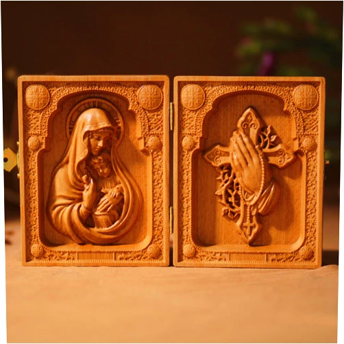 SutiCraftShop Orthodox Diptych of Mother Mary Holding Baby Jesus and Praying Cross Religious Baptism Gift Small Diptych Graduation Gift Icon Diptych