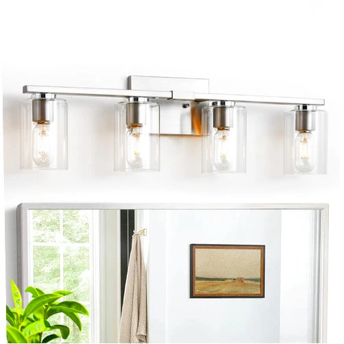 DRNANLIT Brushed Nickel Bathroom Light Fixture, Modern 4 Light Vanity Lighting Fixtures Over Mirror,Industrial Vintage Bathroom Wall Sconces with Clear Glass