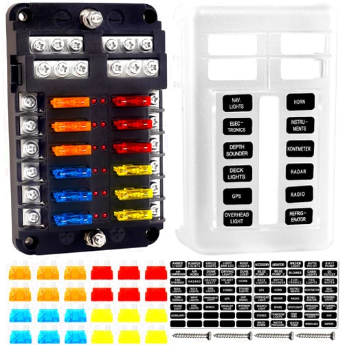 Cyrico Fuse Block, 12v Fuse Box Holder with Led Indicator Waterproof Cover, Cyrico 12 Circuits Fuse Panel with Negative Bus for 12V/24V Automotive Car Truck Boat Marine Rv Trailer, 24 Pcs Blade Fuses