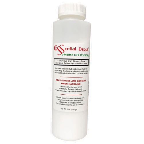 Essential Depot 1 lb Food Grade Sodium Hydroxide Lye Evenly-Sized Micro Pels (Beads or Particles) - 1 lb Bottle - Lye Drain Cleaner - HDPE container with resealable Child Resistant cap and handle