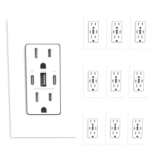 ELEGRP USB Outlets, 30W 6.0 Amp USB C Outlets Receptacles, 3-Port USB Wall Outlet, 15 Amp Tamper-Resistant Outlet with 2 USB C Ports, UL Listed, Screwless Wall Plate Included, 10 Pack, Matte White