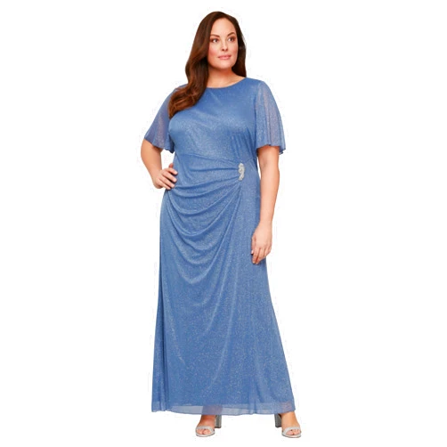 S.L. Fashions Womens Long Glitter Mesh Stretch Mother of The Bride Dress with Ruched Waist (Plus Size)