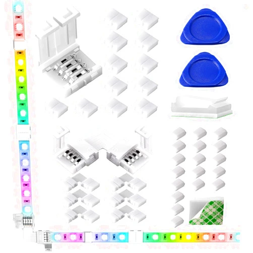 Jin&Bao LED Strip Light Connectors 40Packs, 10mm Unwired 4 Pin 5050 RGB LED Light Strips Connectors kit, Gapless Connectors, Corner Connectors for Multicolor LED Strip 5V 12V 24V