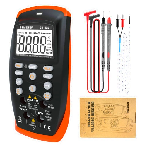 BTMETER BT-42B TRMS 6000 Count Digital Multimeter, Push Button Design, Auto-Ranging Ohm Volt Amp Cap Hz Diode Voltage Temp Continuity Tester Meter with Backlit LCD