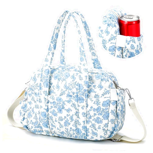 Zhehao Cute Lunch Bag for Women Christmas Quilted Insulated Lunch Box with Shoulder Strap Crossbody Coquette Portable Leakproof Cooler Tote Bag for Lady Office Travel Outdoor Picnic(Blue Flowers)
