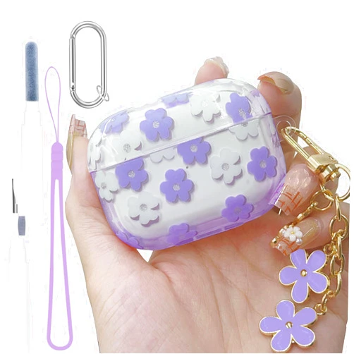GAFKIDFO Floral Case for AirPods Pro 2nd 1st Generation Case Cover, 5 in 1 kit Cute Purple Flower Pendant, Cleaning Pen Set, Soft TPU Full Protective Clear Cover for AirPods Pro 2 Case for Girl Transparent