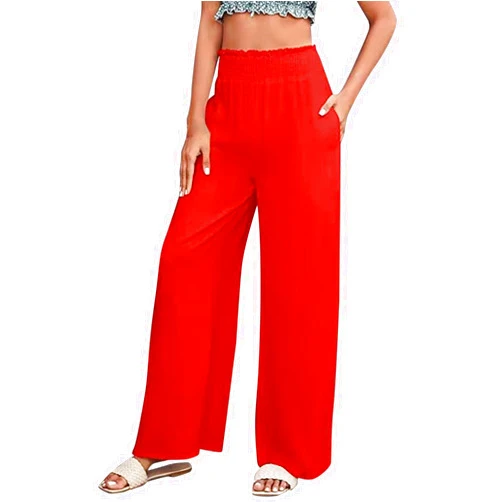 Generic Womens Wide Leg Palazzo Lounge Pants High Waist Elastic Smocked Beach Pant Casual Trousers