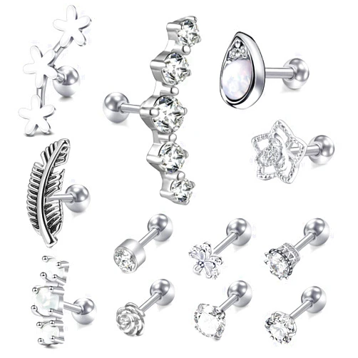 Incaton 12Pcs 16G Cartilage Earring Stainless Steel Cartilage Stud Earrings for Men Women Conch Forward Helix Tragus Daith Cubic Zirconia Piercing Jewelry