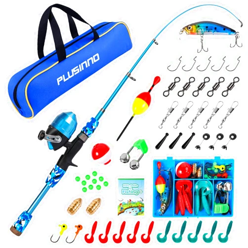 PLUSINNO Kids Fishing Pole with Spincast Reel Telescopic Fishing Rod Combo Full Kits for Boys, Girls, and Adults