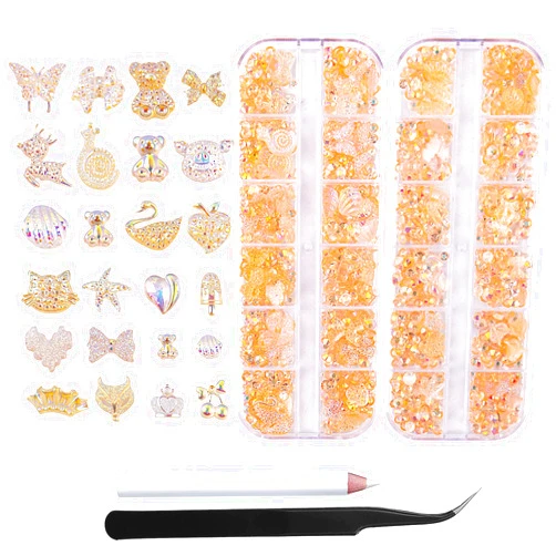 Anower 2 Boxes Variety Assorted Gold Nail Rhinestones Charms Acrylic Heart Bow Animal Fruit Shapes 3D Cute Nail Charms for Manicure DIY Crafts Accessories