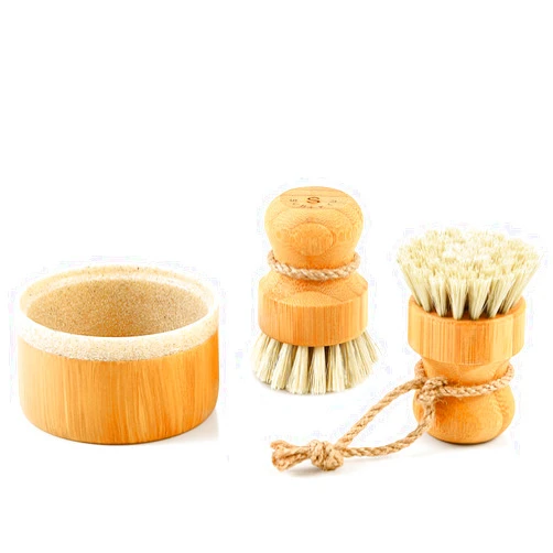 SUBEKYU Bamboo Dish Brush Set with Soap Holder, Wooden Dish Scrubber with Soap Dispenser, Natural Kitchen Scrub Brush, Washing Pot/Pans/Cast Iron, 2 Pack, Sisal Bristles