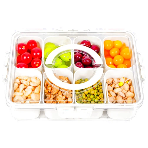 NATSUKY Divided Serving Tray with Lid and Handle, Snackle Box Charcuterie Container Portable for Snack Platters Reusable Clear Organizer 8 Compartments for Candy, Fruits, Nuts Perfect for Party Entertaining