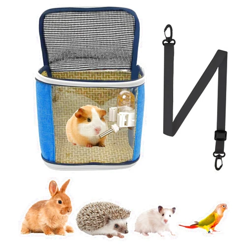NOONEAU Small Animal Carrier Backpack with Water Bottle, Travel Portable Guinea Pig Hamster Bunny Carrier Sling Pouch, Clear Window Breathable Pet Carrier for Hedgehog Sugar Glider Chinchilla Rat (Gray-Blue)